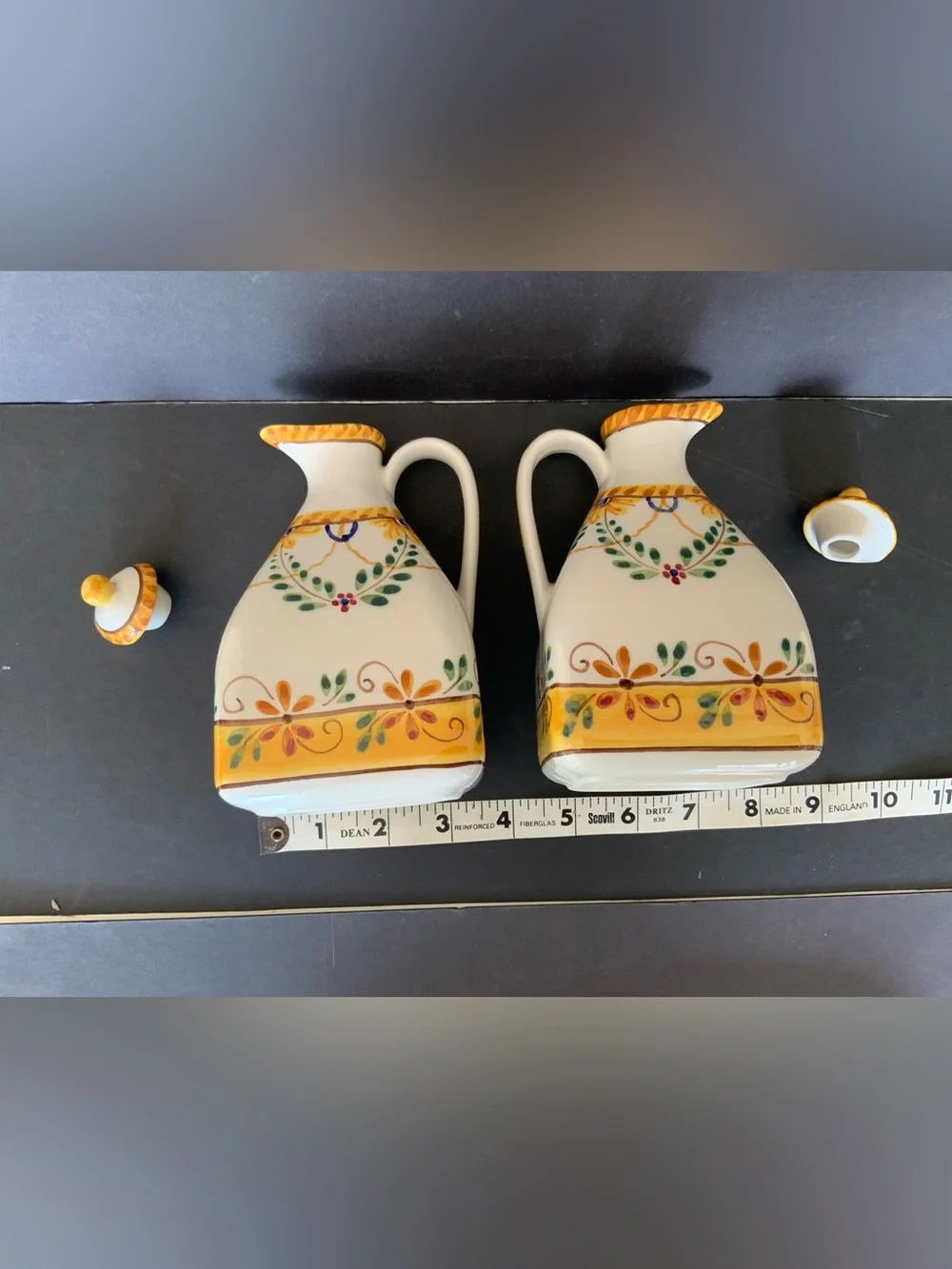Handpainted Ceramic Oil & Vinegar Cruets Set with base tray, Portugal